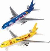 Speelgoed vliegtuigen setje van 2 stuks geel en blauw 19 cm - Vliegveld spelen voor kinderen