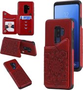 Voor Samsung Galaxy S9 Plus bloem reliëfpatroon schokbestendig beschermhoes met houder & kaartsleuven en fotolijst (rood)