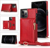 Portemonnee-tas met vierkante rits TPU + PU-achterklep met houder & kaartsleuven & portemonnee & cross-body riem voor iPhone 12/12 Pro (rood)