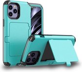 Voor iPhone 12 Pro Max Stofdicht, drukbestendig, schokbestendig pc + TPU-hoesje met kaartsleuf en spiegel (hemelsblauw)