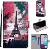 Voor LG K31 Gekleurde Tekening Cross Textuur Horizontale Flip PU Lederen Case met Houder & Kaartsleuven & Portemonnee & Lanyard (Roze Bloem Tower Bridge)