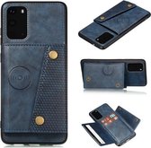 Voor Samsung Galaxy S20 FE dubbele gesp PU + TPU schokbestendige magnetische beschermhoes met kaartsleuf en houder (blauw)