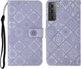 Voor Samsung Galaxy Galaxy S21 5G etnische stijl reliëf patroon horizontale flip lederen tas met houder & kaartsleuven & portemonnee & lanyard (paars)