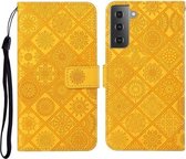 Voor Samsung Galaxy Galaxy S21 5G etnische stijl reliëf patroon horizontale flip lederen tas met houder & kaartsleuven & portemonnee & lanyard (geel)