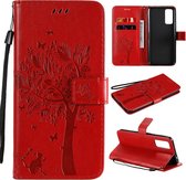 Voor Huawei Honor 30 Tree & Cat reliÃ«fpatroon Horizontale flip lederen tas met houder & kaartsleuven & portemonnee & lanyard (rood)