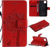 Voor Huawei Y5p Tree & Cat reliÃ«fpatroon horizontale flip lederen tas met houder & kaartsleuven & portemonnee & lanyard (rood)