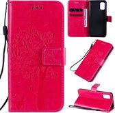 Voor Samsung Galaxy A41 Tree & Cat reliÃ«fpatroon Horizontale flip lederen tas met houder & kaartsleuven & portemonnee en lanyard (rose rood)