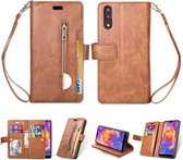 Voor Huawei P20 Multifunctionele Rits Horizontale Flip Leren Case met Houder & Portemonnee & 9 Kaartsleuven & Lanyard (Bruin)