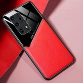 Voor Huawei P40 Pro + All-inclusive leer + beschermhoes van organisch glas met metalen ijzeren plaat (rood)