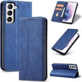 Voor Samsung Galaxy S21 5G Huid-aanvoelende Kalfsleer Textuur Magnetische Dual-Fold Horizontale Flip Leren Case met Houder & Kaartsleuven & Portemonnee (Blauw)