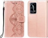 Voor Huawei P40 Pro + Flower Vine Embossing Pattern Horizontale Flip Leather Case met Card Slot & Holder & Wallet & Lanyard (Rose Gold)