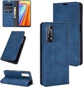 Voor OPPO Realme 7 Retro-skin Business magnetische zuignap lederen tas met houder & kaartsleuven en portemonnee (donkerblauw)