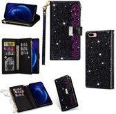 Voor iPhone 8 Plus / 7 Plus Multi-kaartsleuven Sterrenhemel Lasergravure Glitter Rits Horizontale Flip Leren Case met Houder & Portemonnee & Lanyard (Zwart)