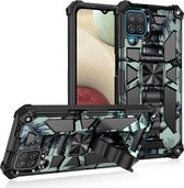 Voor Samsung Galaxy A12 camouflage pantser schokbestendig TPU + pc magnetische beschermhoes met houder (mintgroen)