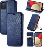 Voor Samsung Galaxy A02s (US Edition) Cubic Grid Pressed Horizontal Flip Magnetic PU Leather Case met houder & kaartsleuven & portemonnee (blauw)