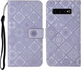 Voor Samsung Galaxy S10 etnische stijl reliëf patroon horizontale flip lederen tas met houder & kaartsleuven & portemonnee & lanyard (paars)