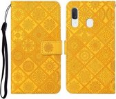 Voor Samsung Galaxy A40 etnische stijl reliëf patroon horizontale flip lederen tas met houder & kaartsleuven & portemonnee & lanyard (geel)