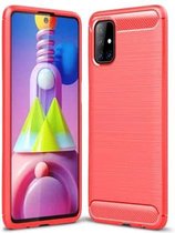 Voor Samsung Galaxy M51 geborstelde textuur koolstofvezel TPU-hoes (rood)