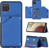 Voor Samsung Galaxy A12 Skin Feel PU + TPU + PC Achterkant Schokbestendig hoesje met kaartsleuven & houder & fotolijst (koningsblauw)