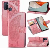 Voor OnePlus Nord N100 Butterfly Love Flower Reliëf Horizontale Flip Leren Case met Beugel / Kaartsleuf / Portemonnee / Lanyard (Roze)