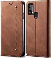 Voor Galaxy M31 denim textuur casual stijl horizontale flip lederen tas met houder en kaartsleuven en portemonnee (bruin)