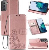 Vierbladige sluiting reliëf gesp Mobiele telefoon bescherming lederen tas met lanyard & kaartsleuf & portemonnee & beugel functie voor Samsung Galaxy S30 Plus (rose goud)