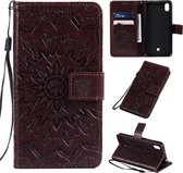 Voor LG K20 (2019) Geperst Afdrukken Zonnebloempatroon Horizontale Flip PU Leren Case met Houder & Kaartsleuven & Portemonnee & Lanyard (Bruin)