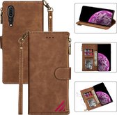 Voor Huawei P20 Pro Rits Multi-kaartsleuven Horizontale Flip PU lederen hoes met houder & kaartsleuven & portemonnee & lanyard & fotolijst (bruin)