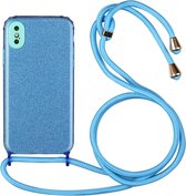 Glitter poeder schokbestendig TPU beschermhoes met lanyard voor iPhone XS / X (blauw)