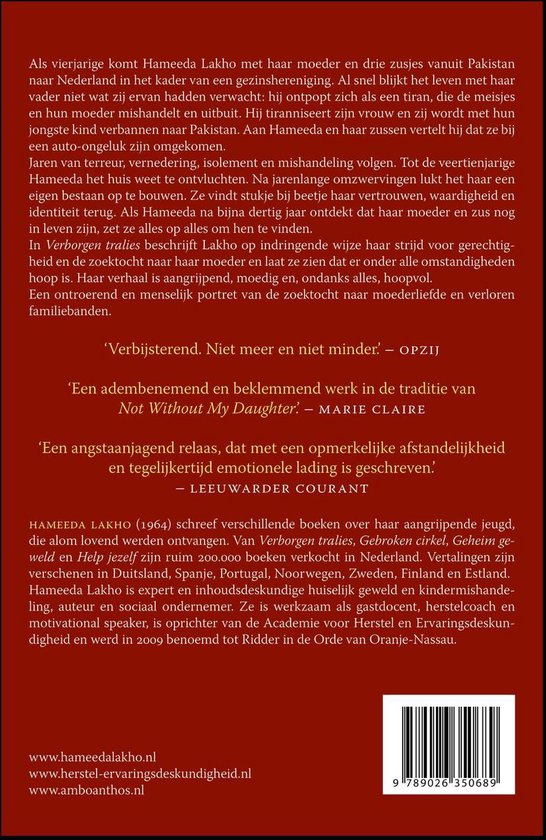 Boekomslag met portret van Hameeda Lakhó, tekst 'Verborgen tralies', 'Het waarbegeurde, tijdloze verhaal over hoop en moed'.