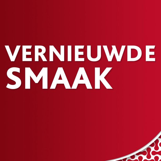 Rode achtergrond met witte tekst: Vernieuwde smaak.