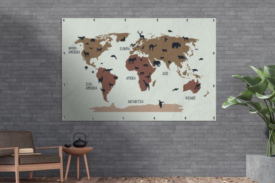 Carte du monde simple avec des animaux aux couleurs flexa Poster de jardin 180x120 cm XXL / Groot format!