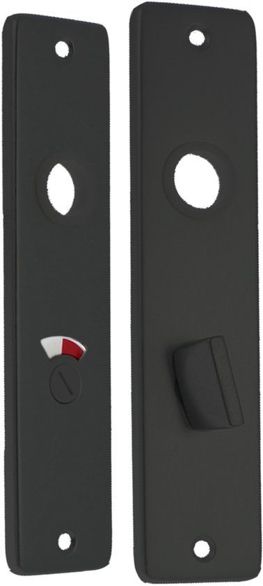 Zwart deurschild met WC-slot, rood/wit indicator en draaiknop.