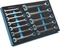 Grijze ring-steeksleutelset van 8 t/m 22 mm in een zwarte softmodule met blauwe inleg.