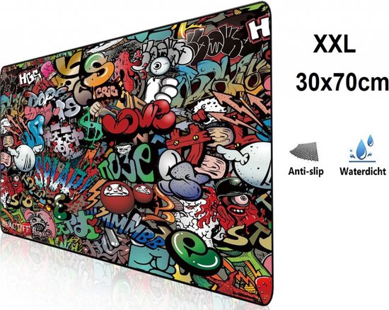 Muismat Gaming XXL 70x30cm - bureau onderlegger - Gaming Muismat - Pro Muismat XXL - Anti-slip - Graffiti Art