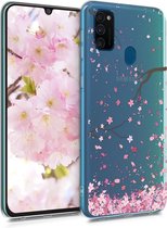 kwmobile telefoonhoesje voor Samsung Galaxy M30s - Hoesje voor smartphone in poederroze / donkerbruin / transparant - Kersenbloesembladeren design