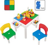 Decopatent® - Kindertafel met 2 Stoeltjes - Speeltafel met bouwplaat en vlakke kant - 2 Bakjes - Geschikt voor Duplo® Bouwstenen