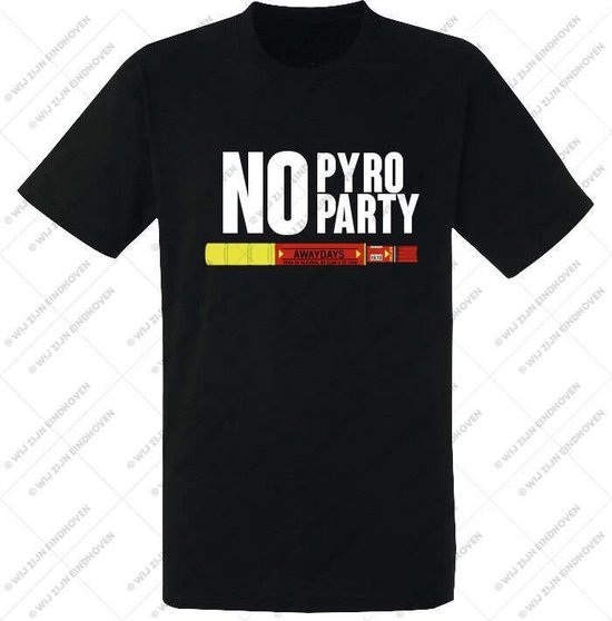 Zwart t-shirt met witte tekst 'NO PYRO PARTY' en een gele en rode streep met "AWAYDAYS".
