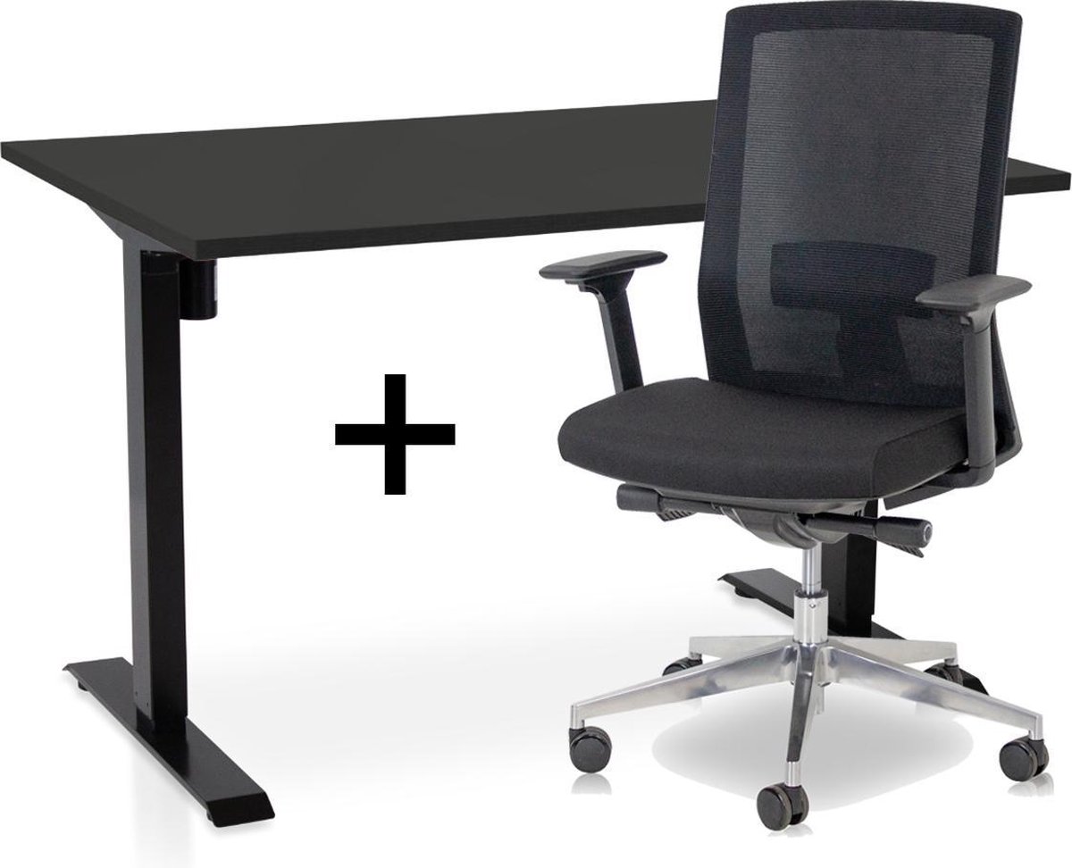 Zit-sta bureau elektrisch verstelbaar + ERGO Bureaustoel | ARBO EASY Thuiswerkset | frame bureau zwart - bureaublad zwart | 140x80 cm