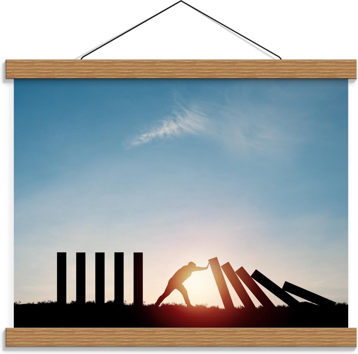 Schoolplaat – Persoon duwend tegen Palen - 40x30cm Foto op Textielposter (Wanddecoratie op