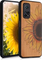 kwmobile telefoonhoesje compatibel met Xiaomi Mi 10T / Mi 10T Pro - Hoesje met bumper in geel / donkerbruin / lichtbruin - kersenhout - Wood Sunflower design