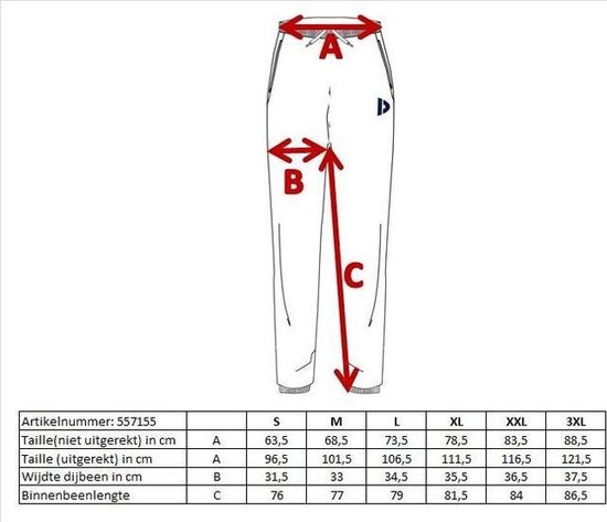 Maattabel voor heren joggingbroeken met maten S t/m 3XL.