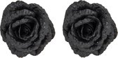 2x stuks decoratie bloemen roos zwart glitter op clip 18 cm