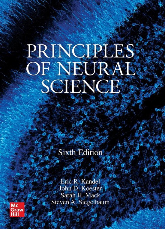 Boekomslag "Principles of Neural Science, Sixth Edition" met blauwe neurale structuren en tekst.