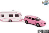 Kids Globe Traffic Die-Cast Pull-Back Volvo V70 met Caravan Roze/Wit - Speelgoed - Kids Globe Farming + Traffic