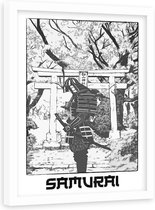 Foto in frame , Zwarte Samurai  ,70x100cm , zwart wit , wanddecoratie