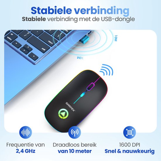 Garpex® Stille Draadloze Muis - Gaming muis - Computermuis - Muis Draadloos - Met LED Verlichting - Oplaadbaar - Zwart