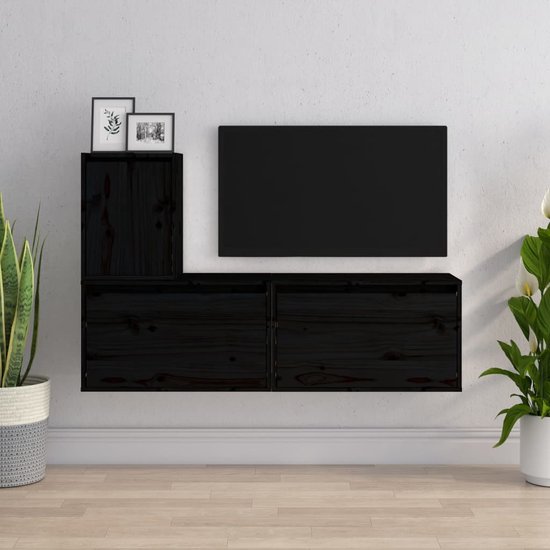 The Living Store Televisiekasten - Klassiek design - Massief grenenhout - Zwarte kleur - 2x 60x30x35 cm - 1x 30x30x40 cm