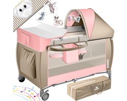 KIDIZ® Campingbedje Reisbedje Reiswieg Babybedje 3 in 1 Combi Set Ledikant met Verschoningsmatje Klamboe Kinderbox Baby vanaf de geboorte tot 15 kg Luchtige zijwanden met zijingang Opvouwbare Draagtas - Roze / Beige