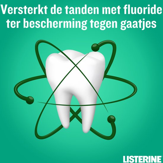Witte tand met groene ringen en bollen eromheen, symbool voor versterkte tanden met fluoride.